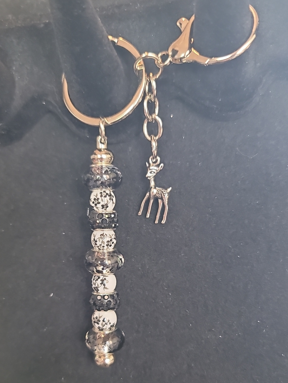 Beaded Black & Silver Keychain with Deer Charm